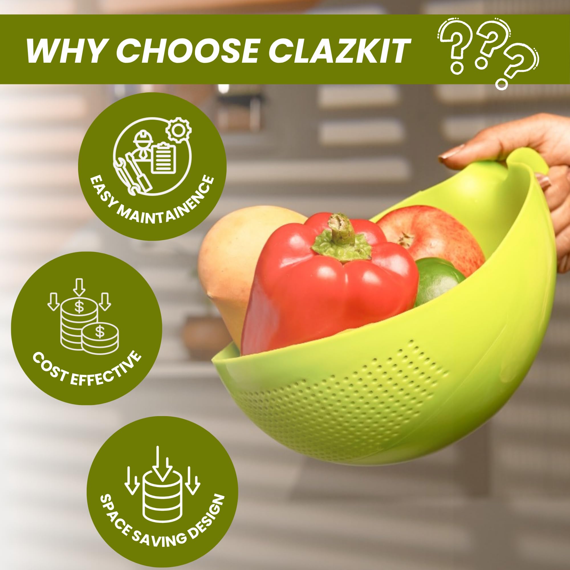 Clazkit Food Strainer Colander, Fruit Basket, Pasta Strainer, Vegetable Strainer, Kitchen Sieve, Washing Bowl, Unbreakable, (Col